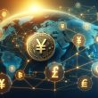 Chinese yuan symbols, blockchain network nodes