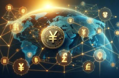 Chinese yuan symbols, blockchain network nodes