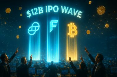 $12B IPO wave with Gemini, Figure, and Bitcoin logos as light pillars