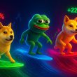 Dogecoin's Shiba Inu dog, Pepe the Frog, and SHIB's Shiba Inu mascot as sleek 3D characters surfing