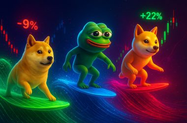 Dogecoin's Shiba Inu dog, Pepe the Frog, and SHIB's Shiba Inu mascot as sleek 3D characters surfing
