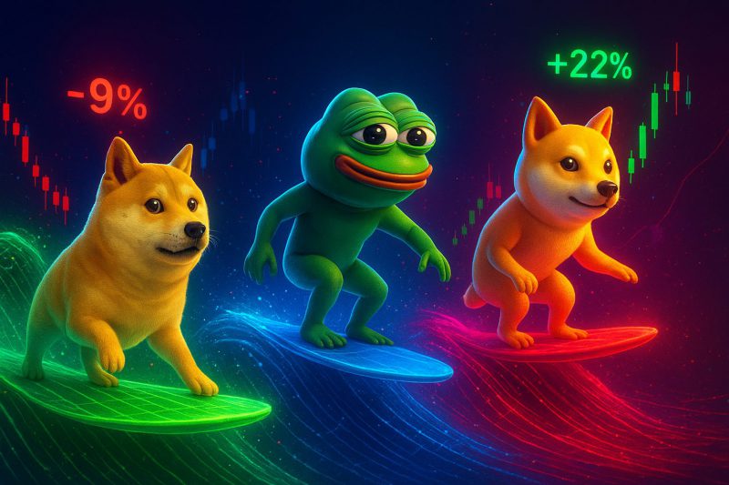 Dogecoin's Shiba Inu dog, Pepe the Frog, and SHIB's Shiba Inu mascot as sleek 3D characters surfing