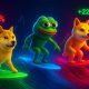 Dogecoin's Shiba Inu dog, Pepe the Frog, and SHIB's Shiba Inu mascot as sleek 3D characters surfing