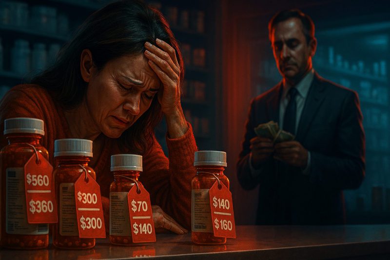 stressed American consumer at a pharmacy counter