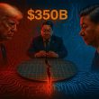 Donald Trump and Xi Jinping facing each other across a cracked semiconductor wafer, South Korean president standing in the middle