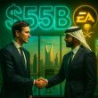Jared Kushner and a Saudi PIF executive in sharp suits, surrounded by floating holographic EA game covers