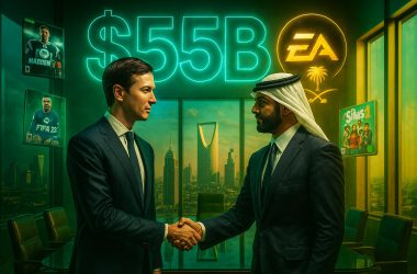 Jared Kushner and a Saudi PIF executive in sharp suits, surrounded by floating holographic EA game covers