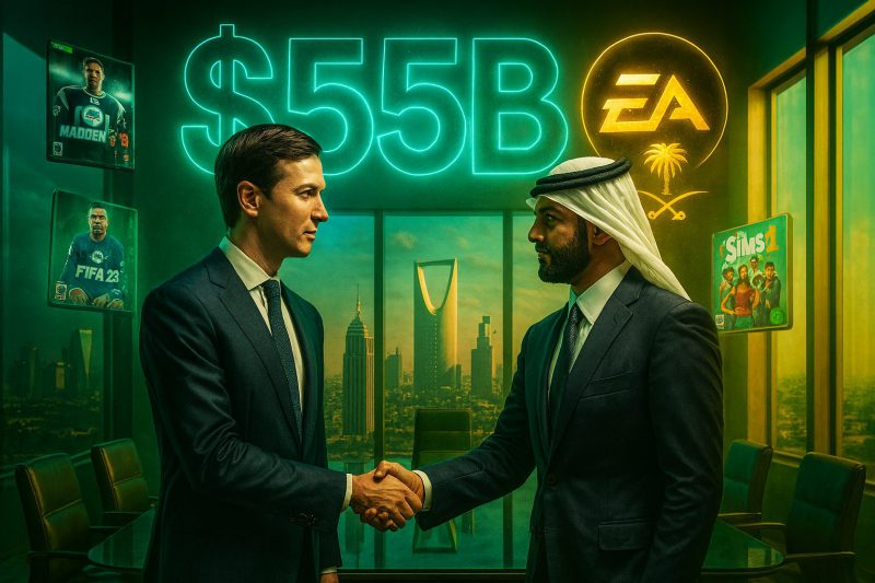 Jared Kushner and a Saudi PIF executive in sharp suits, surrounded by floating holographic EA game covers