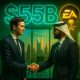 Jared Kushner and a Saudi PIF executive in sharp suits, surrounded by floating holographic EA game covers