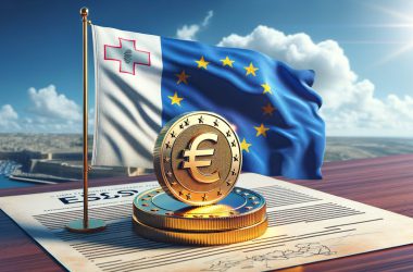 Malta flag in the wind covering the EU cryptocurrency under ESMA