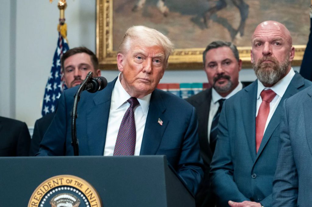 Trump speaking at White House podium about tariffs