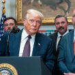Trump speaking at White House podium about tariffs