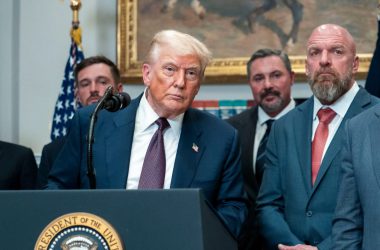 Trump speaking at White House podium about tariffs