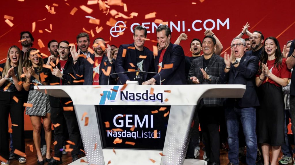 Gemini executives and team celebrating at Nasdaq with confetti