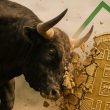 Bitcoin bull market with green upward arrow