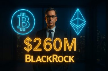 BlackRock executive with glowing Bitcoin and Ethereum symbols highlighting $260M revenue achievement