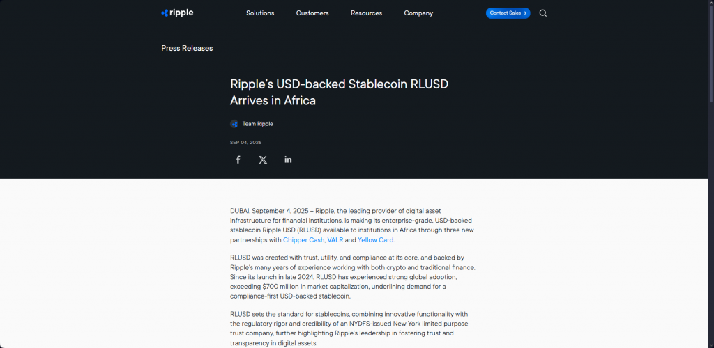 Ripple's USD-backed Stablecoin RLUSD Arrives in Africa press release