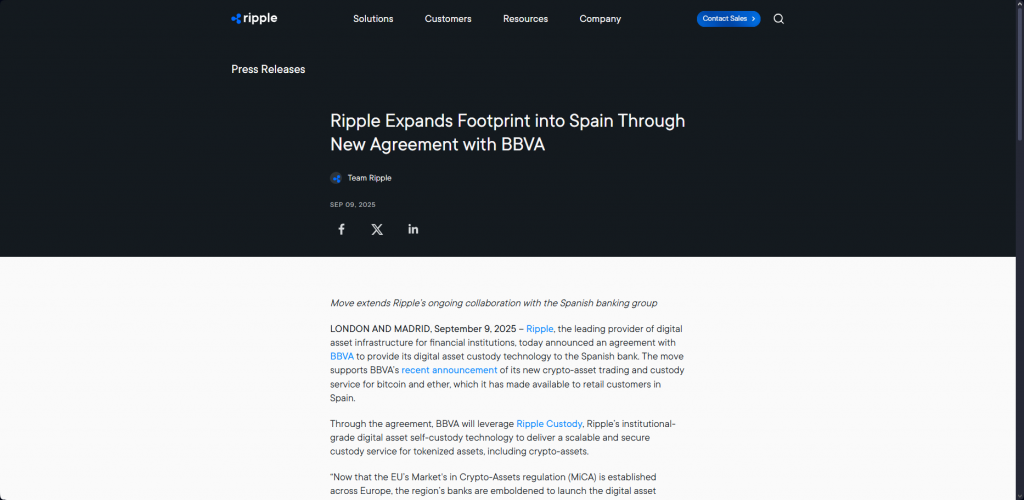 Official Ripple press release announcing partnership with BBVA bank