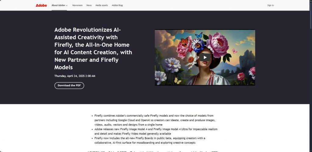 Adobe website showing AI-assisted creativity features