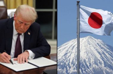 Trump signing papers on desk with Japan flag