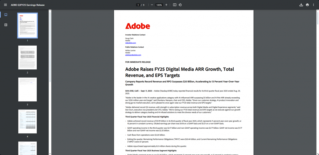 Adobe Q3 FY25 earnings release official document