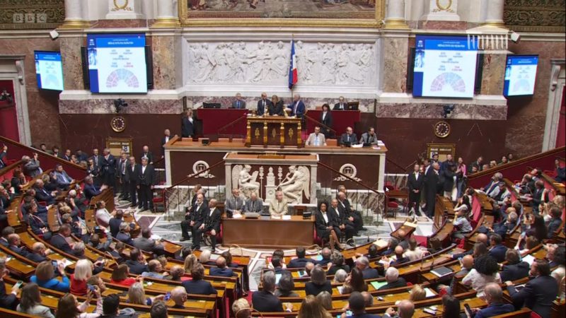 Wide view of French National Assembly hemicycle during voting session