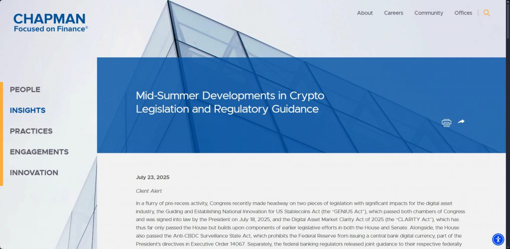 Chapman law firm analysis on crypto legislation developments