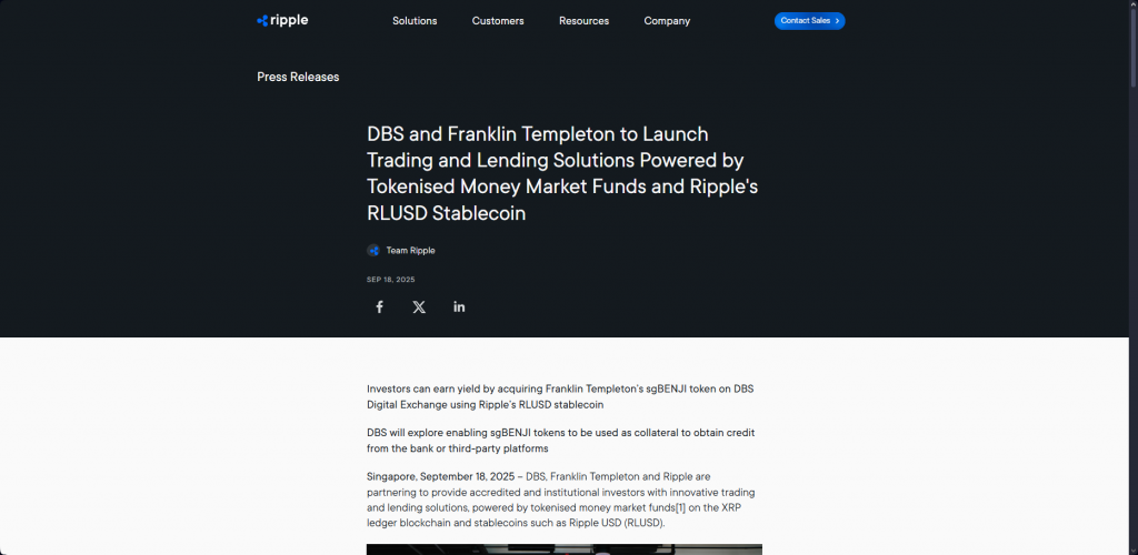 Official Ripple press release announcement showing DBS and Franklin Templeton partnership launch