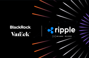 BlackRock and VanEck logos alongside Ripple branding with XRP Ledger and RLUSD identifiers on dynamic black background with colorful geometric lines