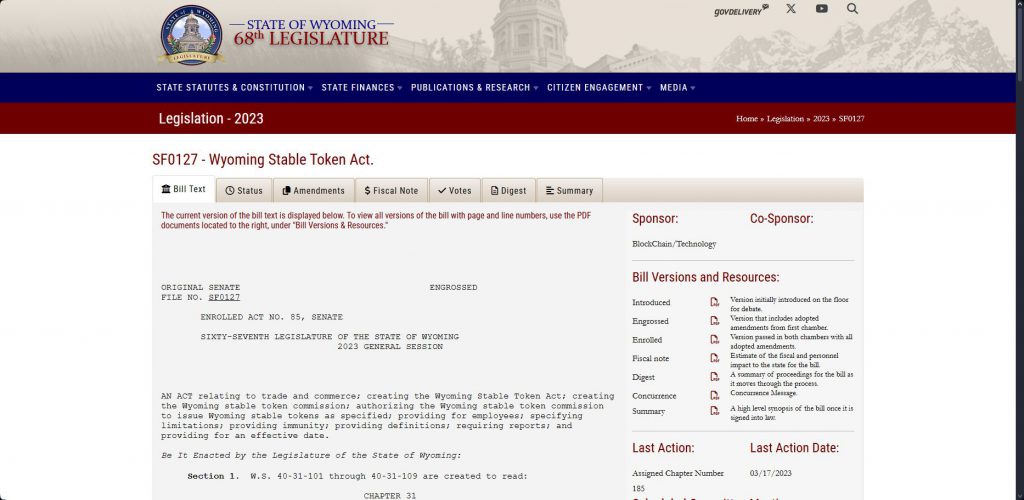 Wyoming Stable Token Act Legislature Documentation