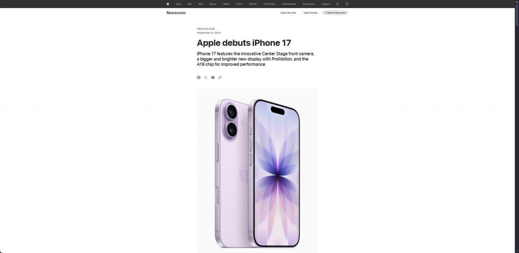 Official Apple newsroom announcement for iPhone 17 debut