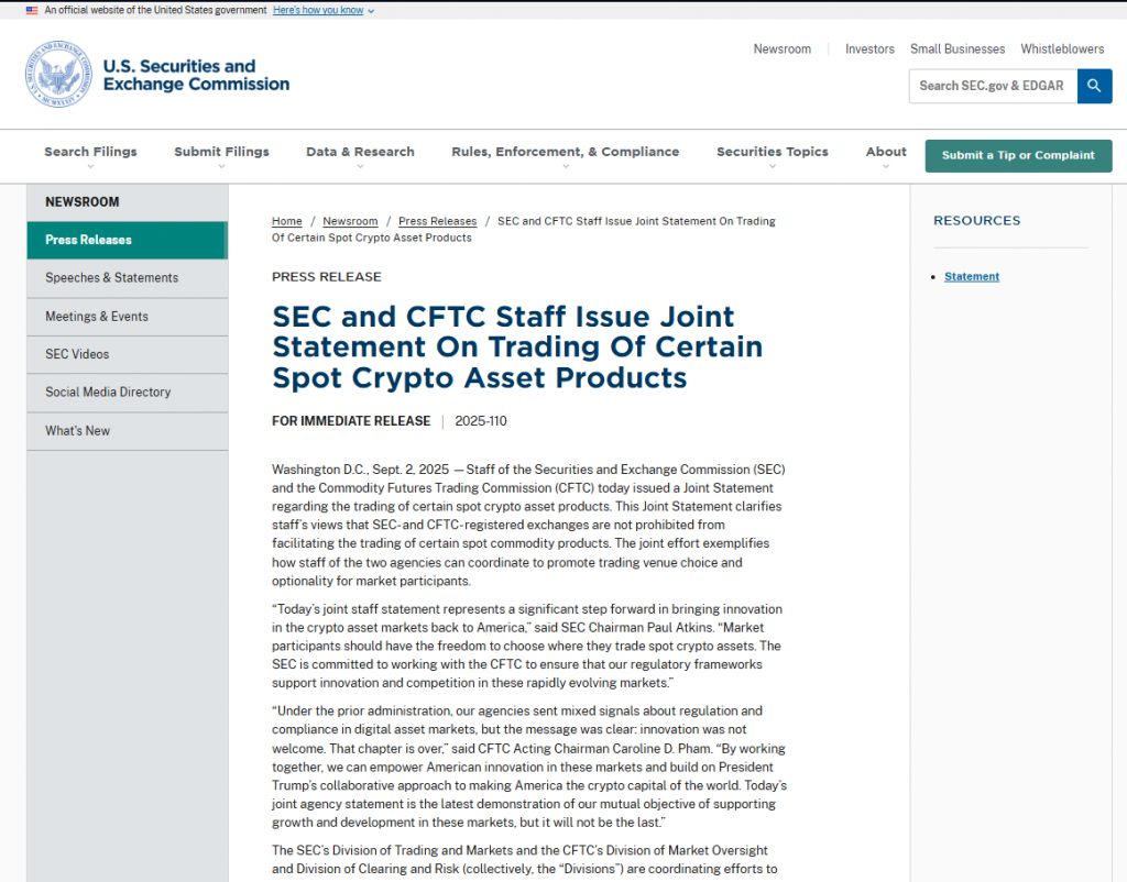 SEC official website press release on spot crypto trading