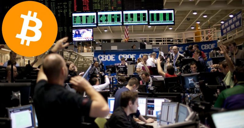 Cboe trading floor with Bitcoin logo overlay showing active derivatives trading