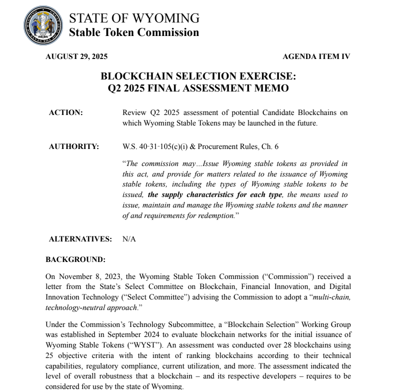 Wyoming Stable Token Commission Assessment Document
