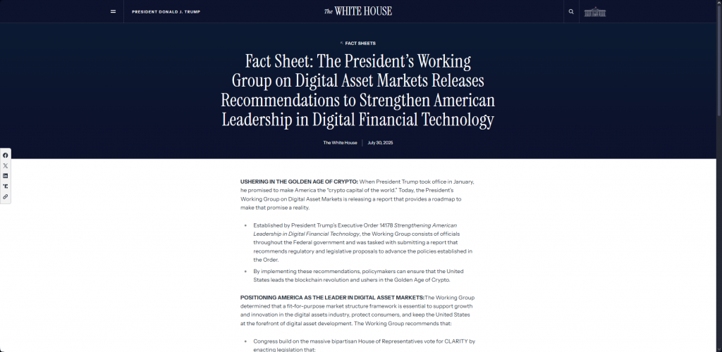 White House fact sheet on digital asset markets working group