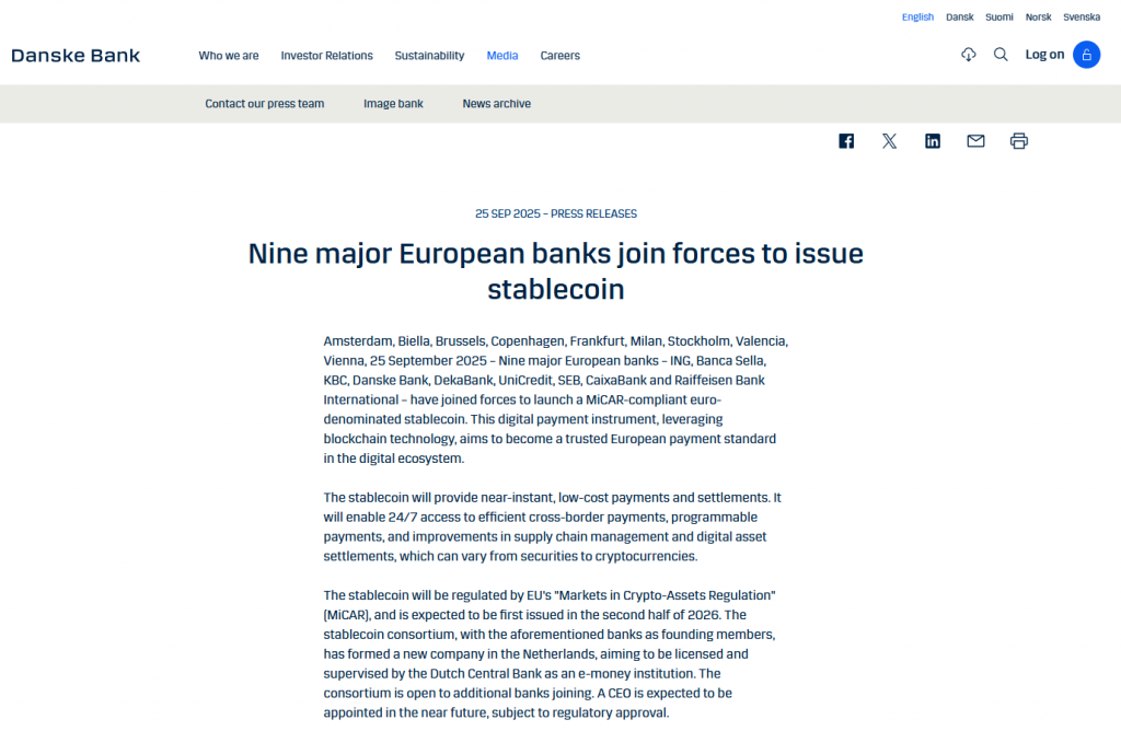 Nine major European banks joining forces to issue stablecoin