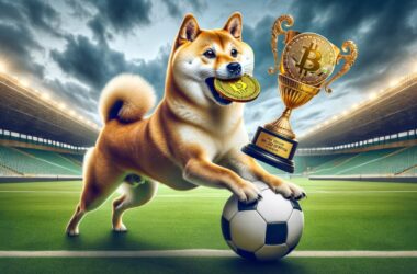 Dogecoin playing soccer with cup