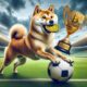 Dogecoin playing soccer with cup