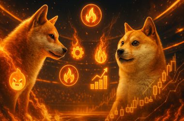 Shiba Inu dog and Doge meme dog facing off in an epic battle arena