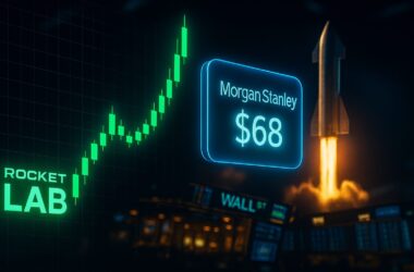 Rocket Lab stock surging with Morgan Stanley $68 price target and SpaceX rocket launch visualization