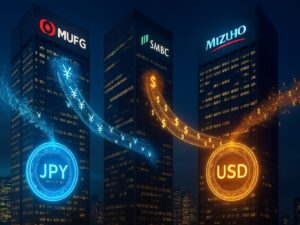 Three modern skyscrapers featuring MUFG, SMBC, and Mizuho bank logos