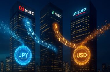 Three modern skyscrapers featuring MUFG, SMBC, and Mizuho bank logos