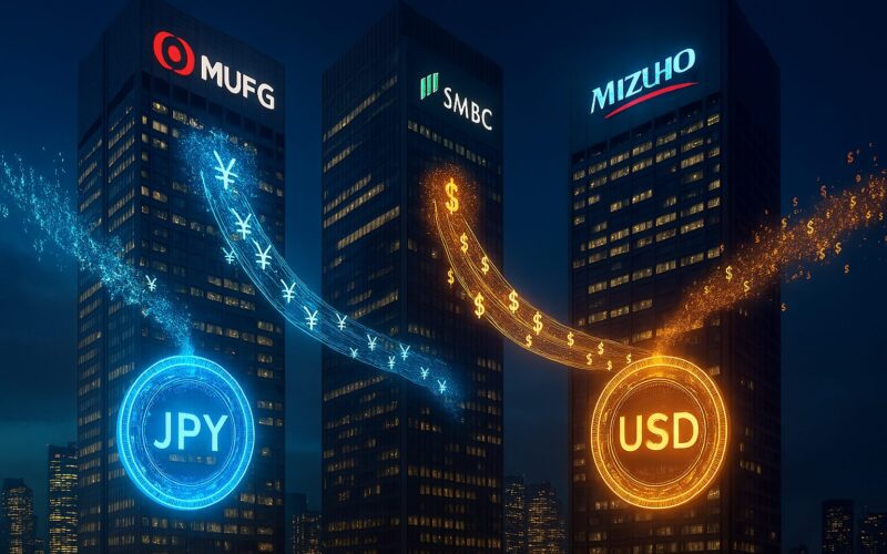 Three modern skyscrapers featuring MUFG, SMBC, and Mizuho bank logos