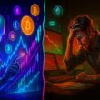 AI vs human trading Split-screen battle scene