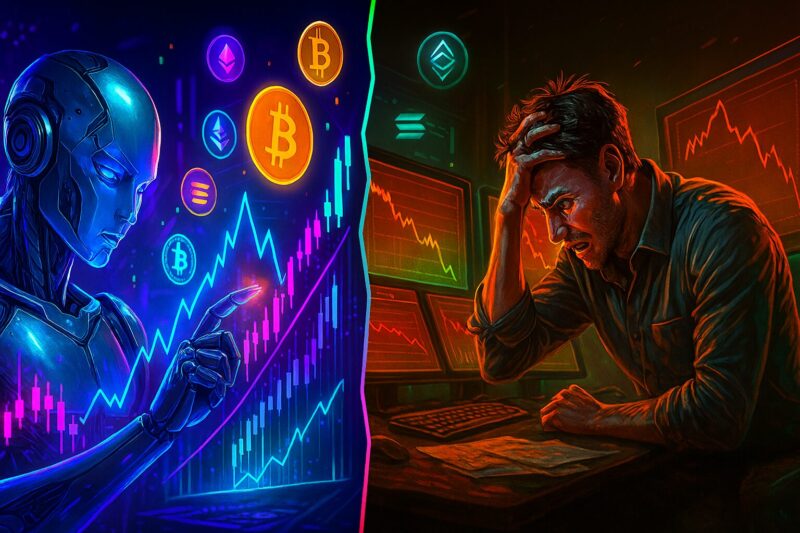 AI vs human trading Split-screen battle scene