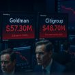 Bloomberg terminals showing MUFG $63.10M, Goldman $57.30M, and Citigroup $48.70M losses with concerned traders