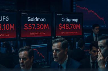 Bloomberg terminals showing MUFG $63.10M, Goldman $57.30M, and Citigroup $48.70M losses with concerned traders