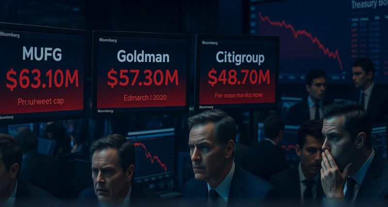 Bloomberg terminals showing MUFG $63.10M, Goldman $57.30M, and Citigroup $48.70M losses with concerned traders