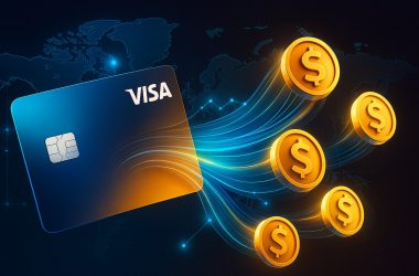 Visa card with digital stablecoin tokens flowing across global network