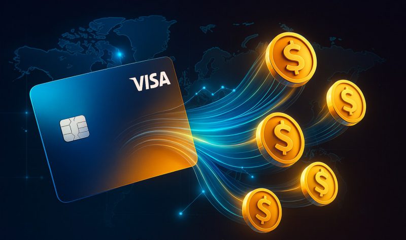 Visa card with digital stablecoin tokens flowing across global network